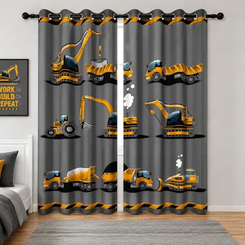 YONGFOTO Rideau Occultant Pelleteuse pour Chambre Garcon Excavatrice Tracteur Chantier Camion Voiture Rideaux Chambre Enfant Ado à Œillets 2 Panneaux 107 x...