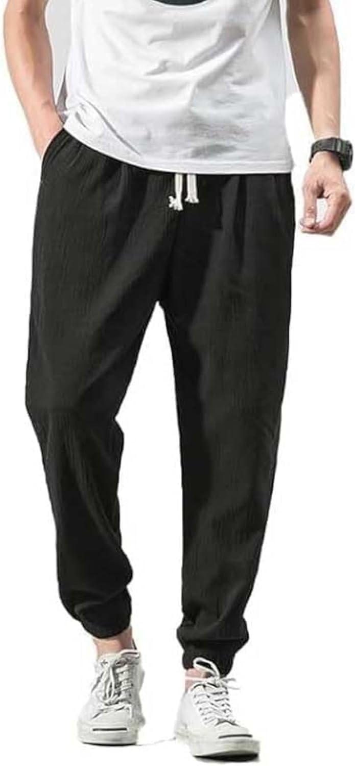 Casual Pants for Men Linen Japanese Pants Cotton Elastic Waist Comfy Beach