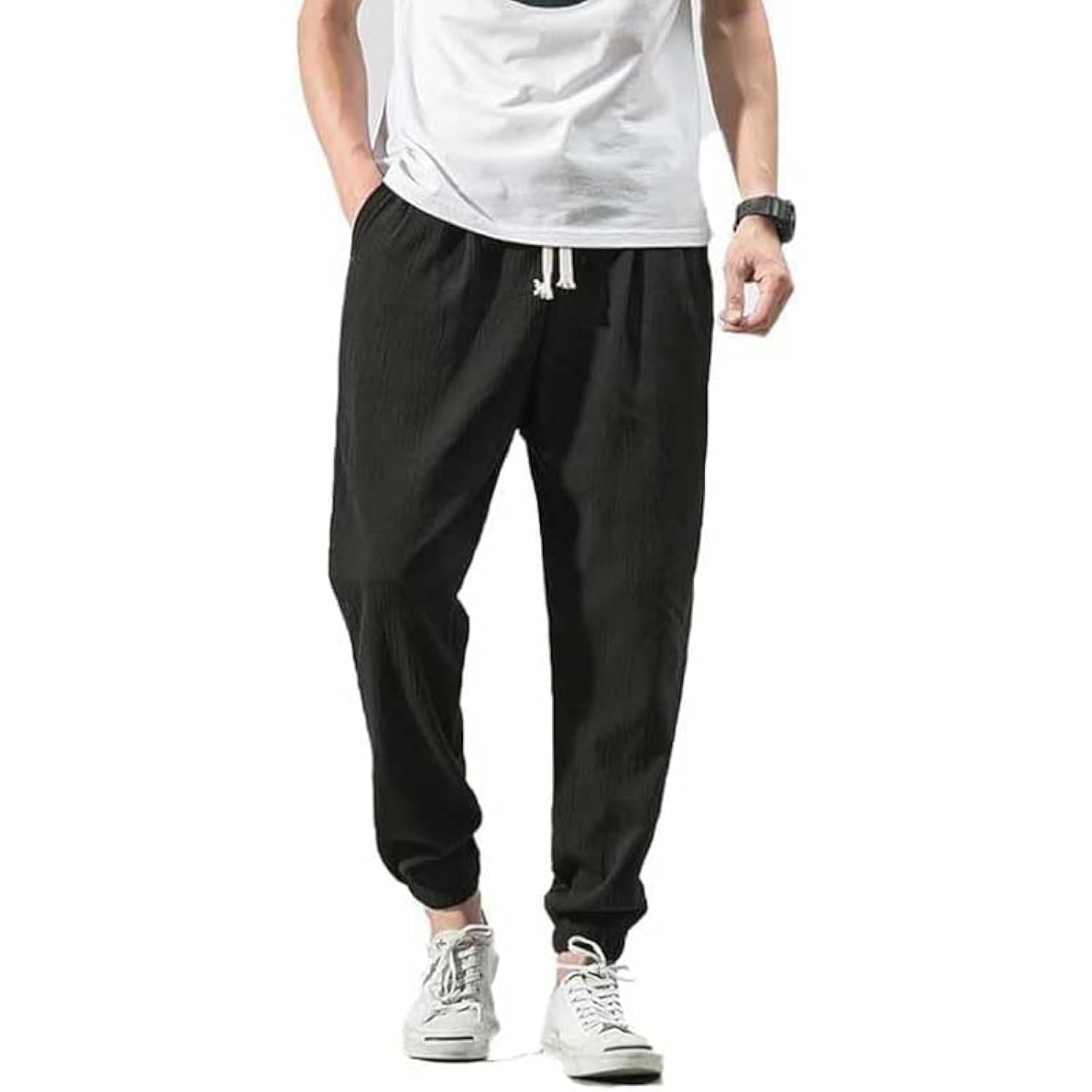 Casual Pants for Men Linen Japanese Pants Cotton Elastic Waist Comfy Beach
