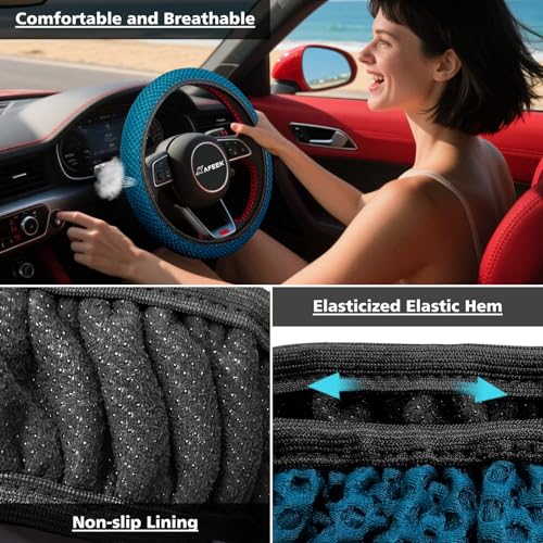Image of KAFEEK Elastic Stretch Steering Wheel Cover, Breathable Ice Silk Microfiber, Non-Slip Grip, Warm in Winter and Cool in Summer, Odorless, Car Accessories Fit Cars, Sedans, SUVs, Sky Blue