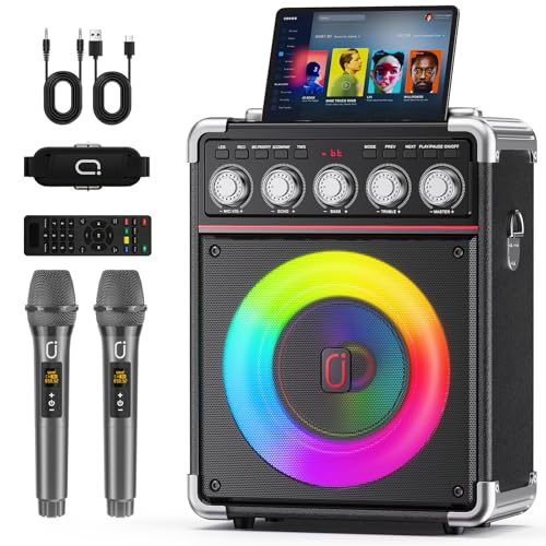 Karaoke Machine with 2 Wireless Mics for Adults Kids | Bluetooth 5.3 Speaker with Bass/Treble/Echo Adjustment | PA System with Disco Lights & Remote Control, Supports TV/TF Card/USB/AUX/Live