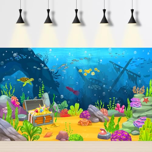 Image of Underwater Landscape Aquarium Background Caribbean Sea Ocean Coral Reef with Sunken Boat Terrarium Background Under The Sea Landscape Sunken Ship Treasure Chest Fish Tank Backdrop Vinyl 72x18in