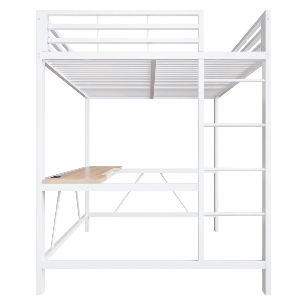Litera de 140 x 200 cm con tira LED, USB, cama alta para niños con escritorio, ahorra espacio, estructura de cama de metal para juegos con riel, sin colchón, apto para dormitorios y otros (blanco)