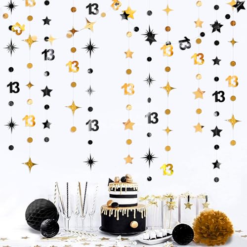 Image of Black Gold 13th Birthday Decorations Number 13 Circle Dot Twinkle Star Garland Metallic Hanging Streamer Banner Backdrop Girls Boys 13 Years Old Birthday Thirteen Official Teenager Party Supplies