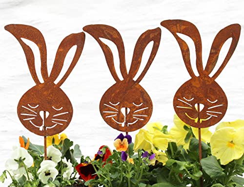 LB H&F Lilienburg Osterdeko Frühlingsdeko Roststecker Rost Metall Garten (3er Set Osterhase Gesicht)