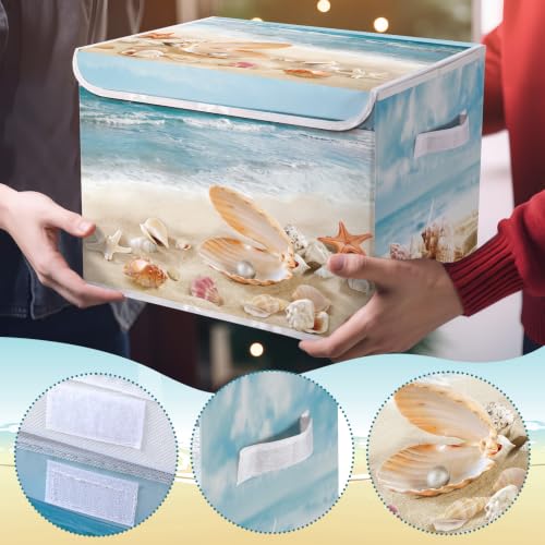 Image of Briwooody Beach Storage Bin with Lid Handle Coastal Foldable Storage Box