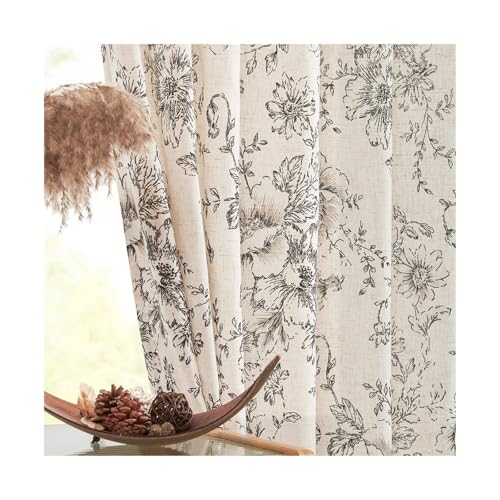 Rideau lin et coton avec passe-tringle motif pivoine de chambre