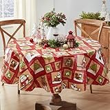 Newbridge Holiday Forest Friends Red & Tan Christmas Vinyl Tablecloth with Flannel Backing – 70 Inch Round – Cute Woodland Animals, Fox, Owl, Bear & Tree Print Table Cover