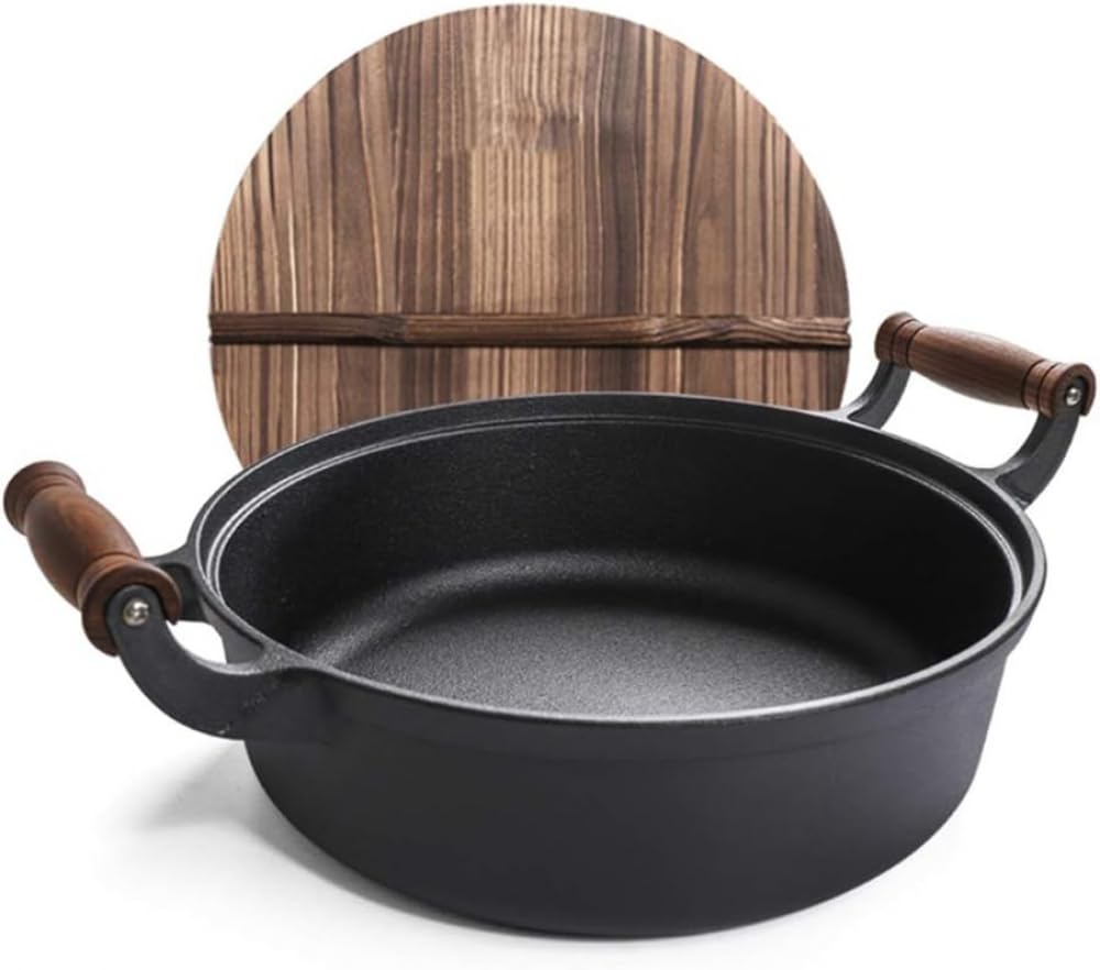 ASerZenith 12 Inch Traditional Hand Hammered Cast Iron Wok, Chef'S Pot With Cover And Wooden Shovel
