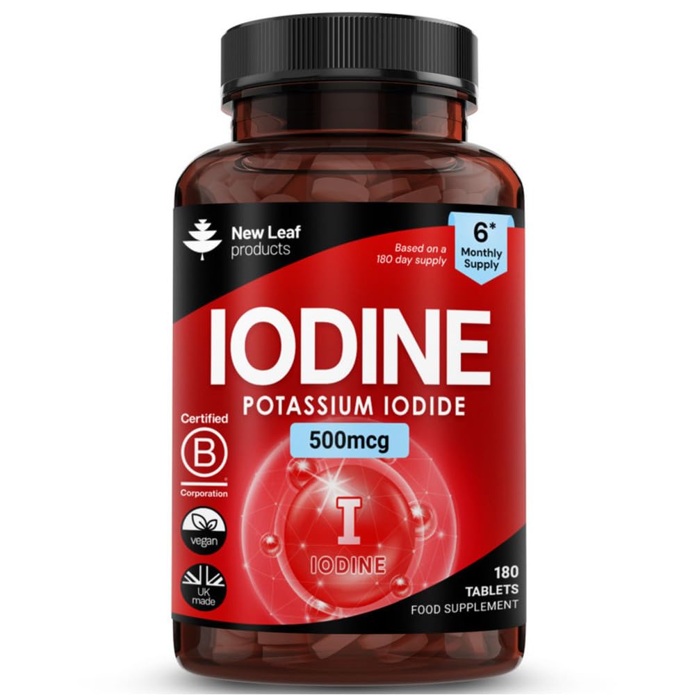 Iodine Tablets 100% RI - Vegan High Strength 180 Tablets Iodine Supplements, Natural Source of Iodine from Potassium Iodide, 6 Month Supply, GMO Free, Made in UK by New Leaf