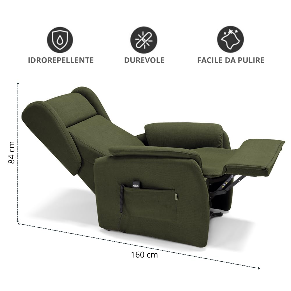 Poltrona relax elettrica FIRENZE MADE IN ITALY per anziani e disabili con kit batteria optional, 2 motori, 4 ruote, optional antimacchia (Senza Kit Batteria, Tessuto Antimacchia, Verde Foresta)