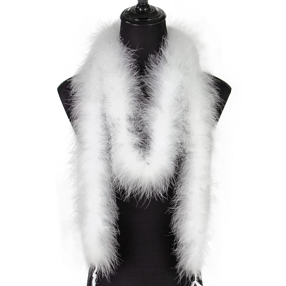 Raibertin 2 Yards White Fluffy Marabou Feathers Boa Trim Decorative Crafts 1920s Accessories For Women Non Shedding Feather Boas Decorations for Christmas Clothes Dress Costume