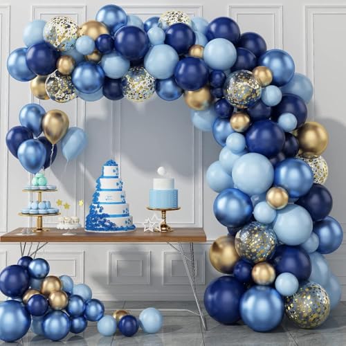 Image of Bliss & Bow Latex Balloon Garland Kit | Navy, Blue Chrome, Gold Chrome Confetti Balloons with Arch Tape, Glue Dots for Baby Shower, Birthday, Wedding Decor | Ideal Party Decor Set - 90 Piece
