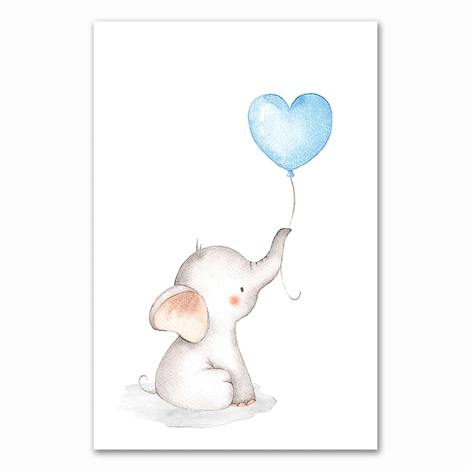 Bebé Guardería Arte de la pared Pintura en lienzo Elefante Estampado de animales Nórdicos Niños Cuadro decorativo Niños Dormitorio Decoración 50x70cm (20x28in) x3 Sin marco