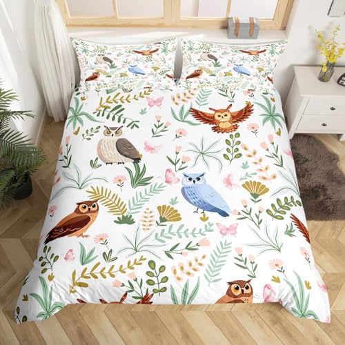 Cartoon Owl Duvet Cover Queen Size,Wild Animal Cute Blue Brown Owl Duvet Cover Set for Children Adul