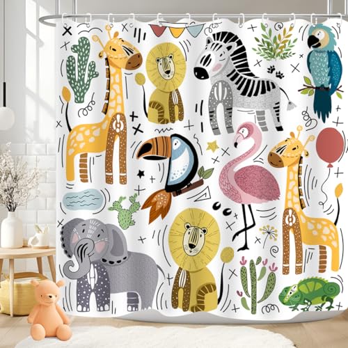 Image of Cute Animal Shower Curtain Wildlife Lion Zebra Elephant Chameleon Flamingo Giraffe Home Bathroom Decor Waterproof Fabric 72Lx72W Inch with Plastic 12PCS Hooks