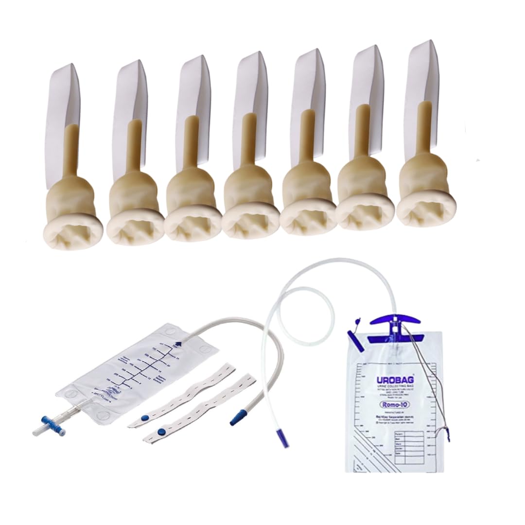 Alpha Basics 7Pcs External Condom Catheter (Large 30mm) with 1 Leg Bag 700ml, 1 Night Bag 2000ml Set, Beige