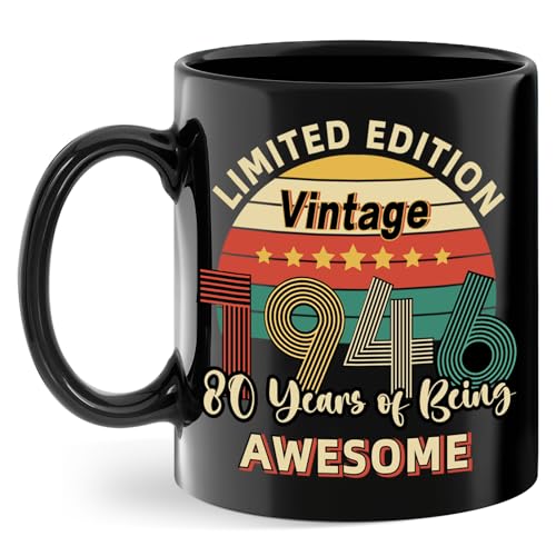 Image of Vintage 1946 Coffee Mug, 80th Birthday Gifts For Men Women, Eighty Birthday Gift for Him 1946, Gift Ideas For 80 Year Old Female, Turning 80 Gift For Mom, Dad, Husband,Wife, Grandpa, Granny, Black