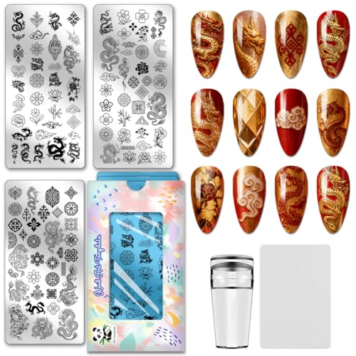PH PandaHall 3pcs Chinese Dragon Nail Stamping Plate Traditional Patterns Nail Art Templates Vintage Flowers Nails Image Plates Nails Art Stencils for New Year Manicures Salon Design Printing