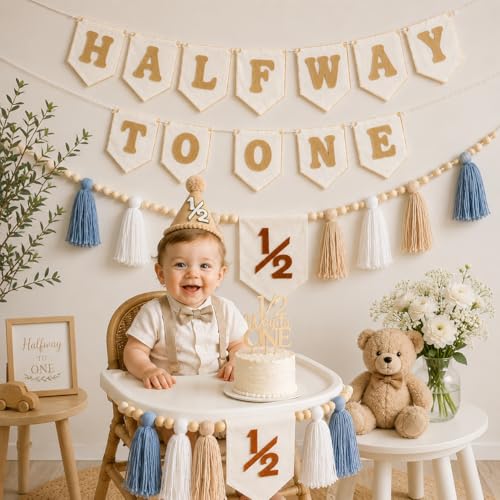 Image of 1 /2 Birthday Boy Half Birthday Decorations - Half Way to One Banner Cake Topper Tassel Wood Bead High Chair Banner Hat for Boys and Girls 6 Months Birthday Decorations Party Supplies