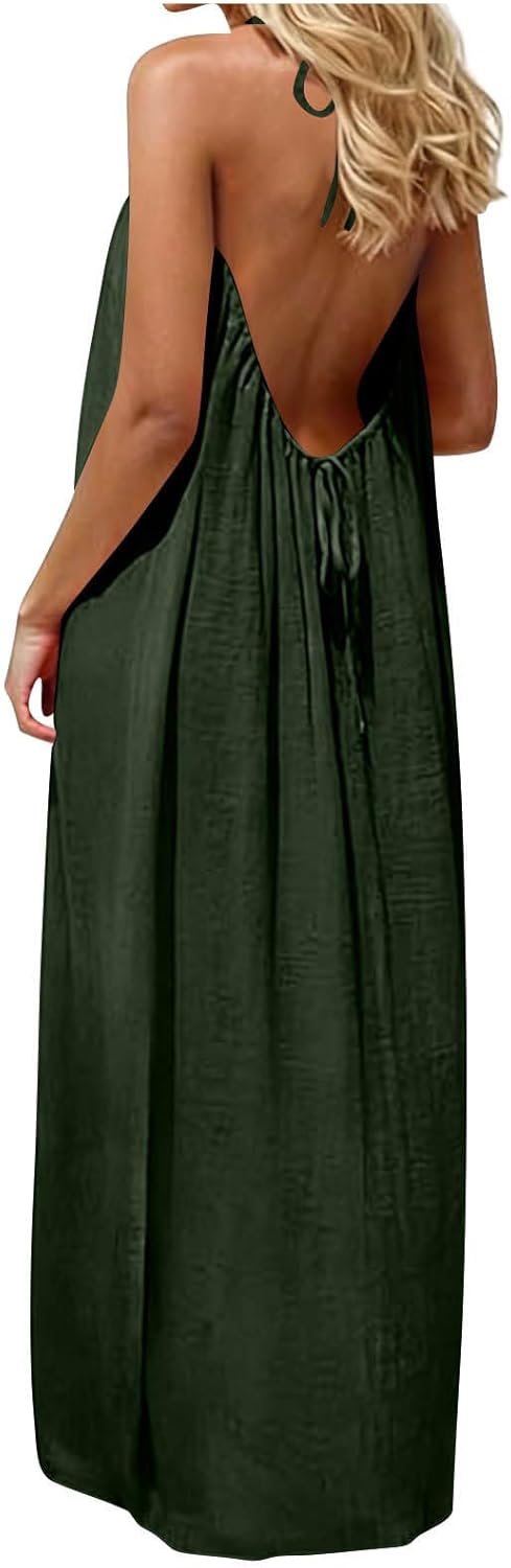 Backless Dresses for Women Open Back Halter Maxi Dress Sleeveless Long Lounge Dress Spring Lounge Dresses