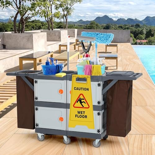 Image of Janitorial Cart with 4 Cabinet, Commercial Traditional Janitorial Cleaning Cart on Wheels with Cover and Vinyl Bag, for Hotel Housekeeping Room Service, Gray