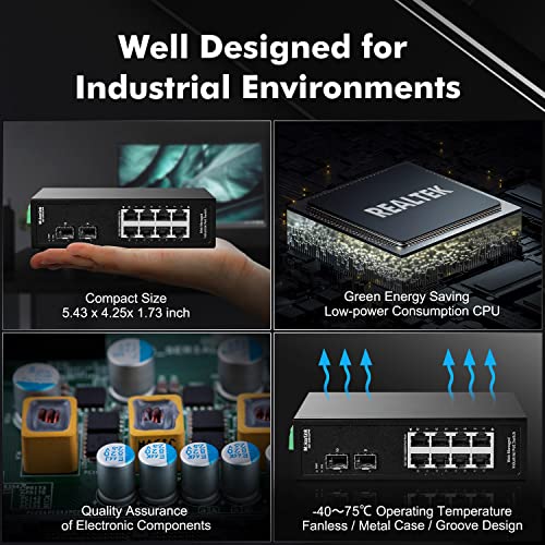 Image of MokerLink 8 Port PoE Gigabit Industrial DIN-Rail Ethernet Switch Managed, 2 SFP Ports, IEEE802.3af /at, 20Gbps Switching Capacity, Web Managed IP40 Network Switch (-40 to 185F)
