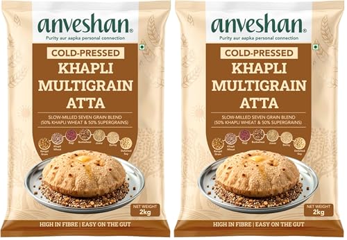 Image of Anveshan Cold-Pressed Khapli Multigrain Atta (2Kg) | Low GI Flour with 50% Emmer Wheat & 6 Supergrains | High Fiber, High Protein | Supports Easy Digestion & Blood Sugar Balance (Pack of 2)