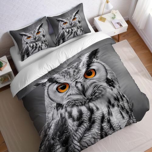 Housse de Couette 160x200 cm Gris Parure de Lit Hibou Imprimée en Microfibre Douce avec 2 Taies d’Oreiller, pour Chambre Adulte Ado et Enfant