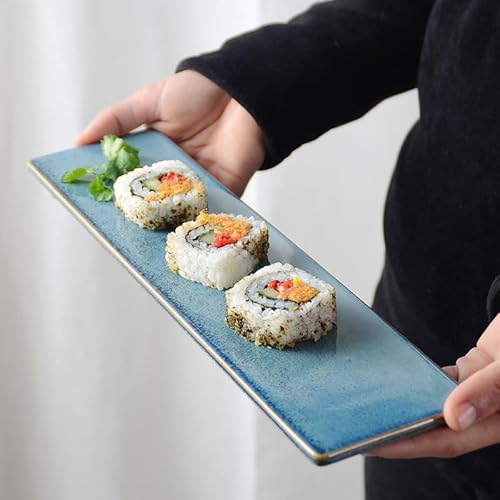 Akasooda トレイ 長皿 寿司サービング 和風 すし皿 さんま皿 家庭 料亭 旅館 飲食店 業務用 食器 おしゃれ (ライトブルー)