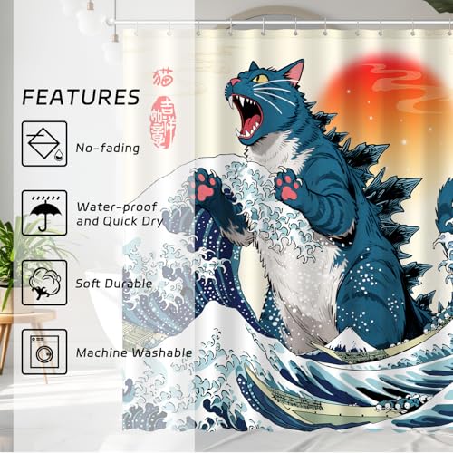 Image of Funny Blue Cat Monster Shower Curtain Set, Japanese Anime Sunset Ocean Waves Home Bathroom Decor, Polyester Cloth Fabric Bath Curtain with 12 Hooks 72 inch W x 72 inch L