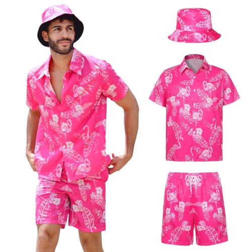 SERTAS Hawaii Hemd Männer 3 Pcs Hawaii Outfit Herren mit Flamingo Hemd Shorts Fischerhut Freizeit Festival Outfit Herren Flamingo Hemdn Set (Rosa L)