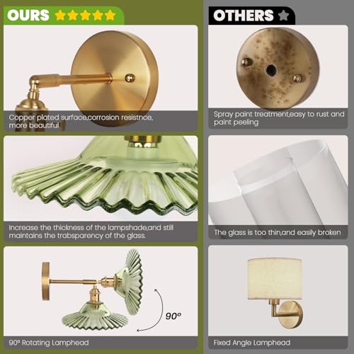 Image of Battery Operated Wall Sconce, Vintage Wall Sconce with Green Flower Pattern Glass Rechargeable, Battery Powered Wall Light with Remote Control for Bedroom,Living Room, Hallway, Aisle