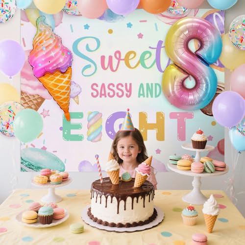 Image of Sweet Sassy and Eight 8th Birthday Decorations for Girls Ice Cream Balloon | 8 Year Old Birthday Decorations Girls Sweet Sassy and Eight Backdrop 8 Balloons Ice Cream Banner 8th Birthday Party Supplies
