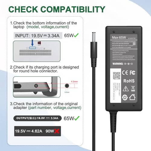 Image of 65W Charger for Dell Laptop Charger,AC Adapter for Dell Inspiron 15 3000 5000 Series 15-3552 3558 3567 5551 5555 5558 Laptop Power Supply Cord