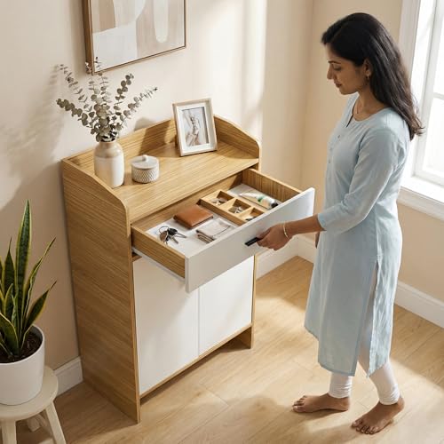 Image of Decor & More 2 Door Shoe Rack Wooden with Shelf and Drawer, Shoes Rack with Door for Home, Shoe Organizer Space Saver, Shoe Cabinet Stores 15-16 Pairs, Footwear Stand,DIY
