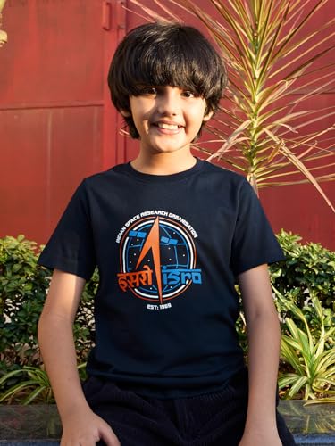 Image of The Souled Store Official ISRO: Official Logo Boys and Mens Regular Fit Graphic Printed Half Sleeve Cotton Blue Color T-Shirt