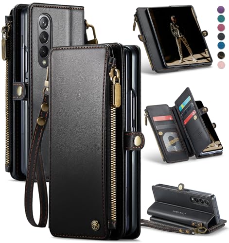 Defencase Wallet Case Compatible with Samsung Galaxy Z Fold 4 with RFID Blocking Card Holder & S Pen Holder Slot PU Leather Magnetic Snap Flip Zipper Strap Phone Case Fit for Galaxy Z Fold 4, Black