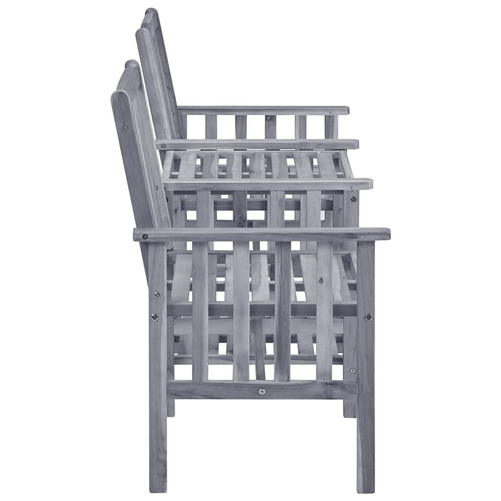 Gartenstühle mit Teetisch und Kissen, 2-Sitzer Gartenbank mit integriertem Tisch, Massivholz Akazie Set für Balkon, Terrasse und Garten, Grau mit grünen Polstern, 159x61x92 cm