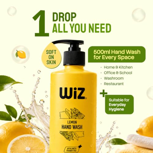 Image of Wiz Lemon Liquid Hand Wash - 500ml with Pump Dispenser | Gentle Hand Cleanser for Daily Use | Refreshing Fragrance | Handwash Bottle for Kitchen & Bathroom