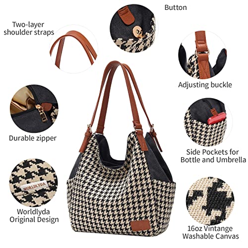 Image of Worldlyda Women Canvas Hobo Purse Multi Pocket Tote Shopper Shoulder Bag Casual Top Handle handbag with Embroidery Ethnic