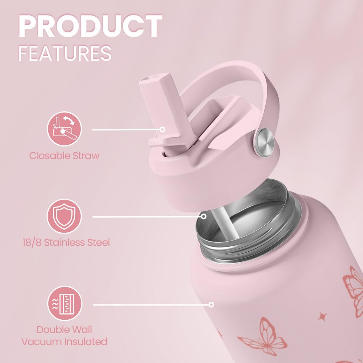 Butterfly Water Bottle Insulated Vacuum Stainless Steel 32oz with Lid, Gifts for Women Girls Teens Birthday Christmas - Image 2