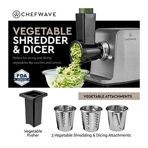 ChefWave Electric Meat Grinder - FDA Certified - Stainless Steel Heavy Duty 1800W Max 3-Speed - 4 Grinding Plates, 3 Cutting Blades, Vegetable Slicer, Tomato Juicer, Sausage Stuffer Tubes, Kibbeh Kit