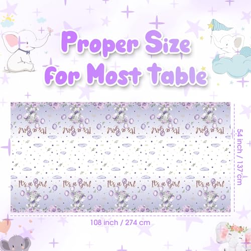Image of Moukeren 3 Pack Elephant Tablecloth Baby Shower Decorations Plastic Table Cover Rectangle Table Decors for Boy Girl Gender Reveal Birthday Party Supplies, 54 x 108 Inch(Purple,Girl)