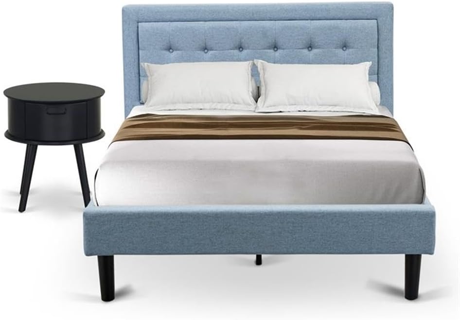 East West Furniture FN11F-1HA15 2-Piece Fannin Full Size Bedroom Set with 1 Wood Bed Frame and a Mid Century Modern Nightstand - Reliable and Durable Manufacturing - Denim Blue Linen Fabric