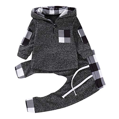 Bonfor Conjunto Deportivos Ropa Bebe Niño 3 a 24 meses Sudadera Capucha + Pantalones Chándal para Niño 1 año-3 años Invierno de Vestir Primavera Otoño (Tartán, 3-6 meses) Cover