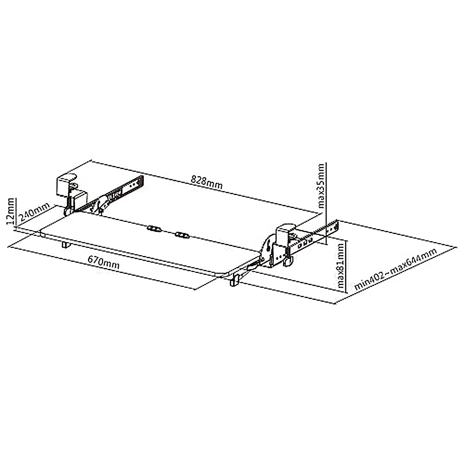Maclean MC-462 Verstellbare Tastaturschublade 67x24cm für Untertisch-Montage mit C-Klemmhalterung Computer-Tastaturständer Maximale Belastung: 5 kg, Höhenverstellung