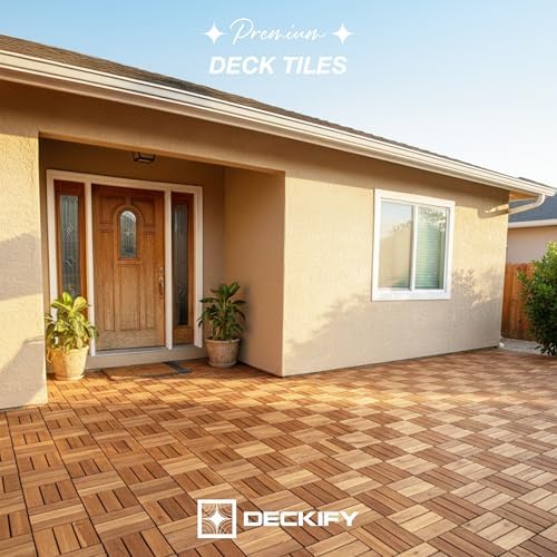 DECKIFY 9Pcs Premium Acacia Wood Interlocking Patio Deck Tiles, 12 x 12 x 0.9 Inch Outdoor Flooring, Waterproof for All-Weather Use β Crossed, Golden Teak - 1