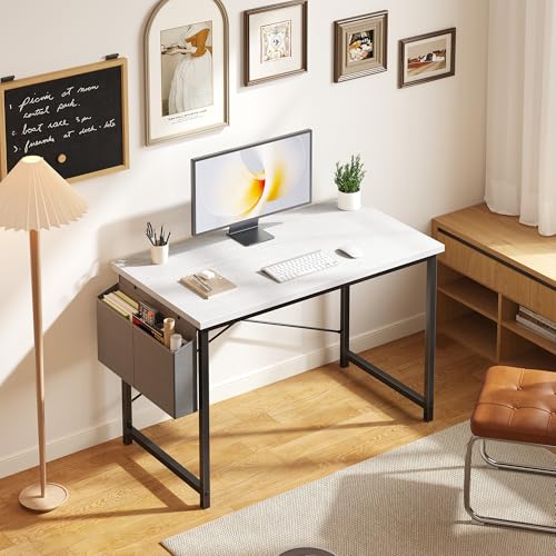 Image of OLIXIS Computer Desk, 44 Inch Gaming Desks for Home Office Small Spaces | Writing Study Craft Work Table, Computer Workstation for Bedroom with Storage Bag, White