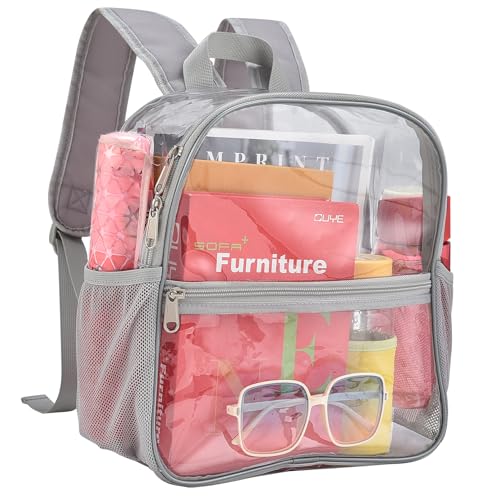 Image of Busiuw Clear Backpack for Stadium Events 12x12x6 Mini Small Sports Fan Backpacks with Front Pocket for Concert Sport Events Work Travel(Grey)